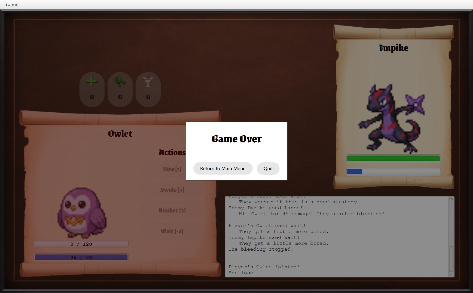 玩家的 Mokepon 倒下:玩家卷轴变红,弹出 Game Over 对话框