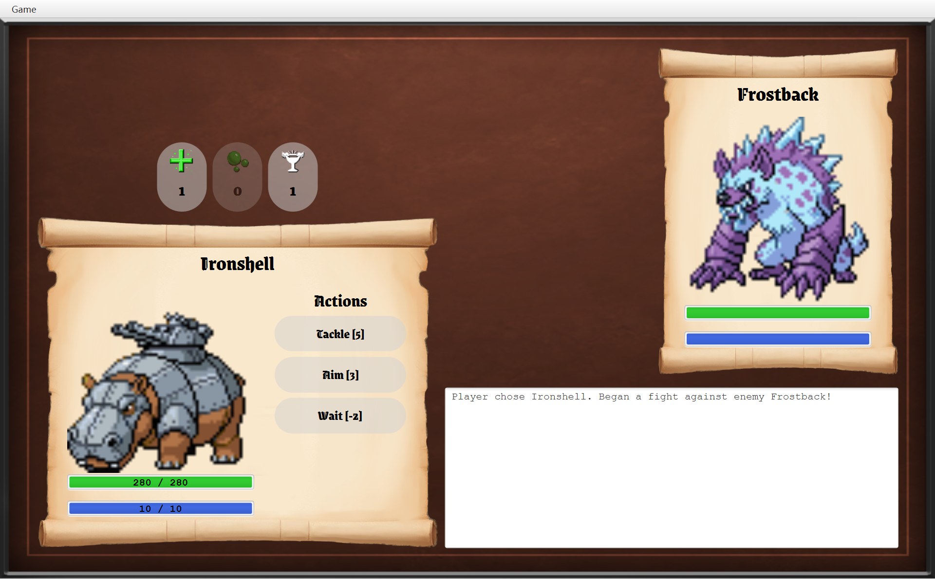 Ironshell 的战斗开始:上方道具按钮 Health 1、Poison 0、Coffee 1