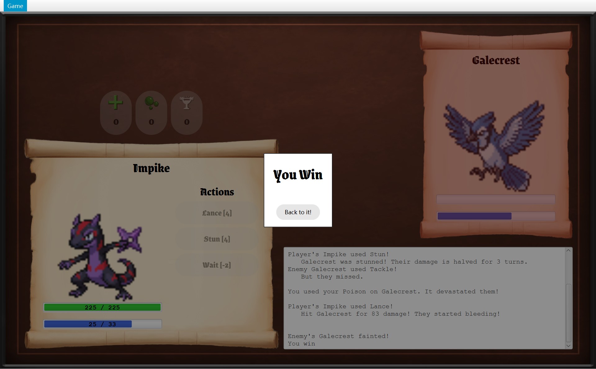 敌人倒下:敌人卷轴变红,弹出 You Win 对话框