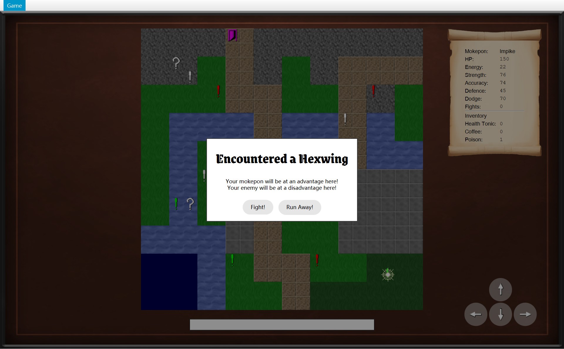 踩上 (17,17) 的感叹号:弹出遇敌对话框,有两条地形提示